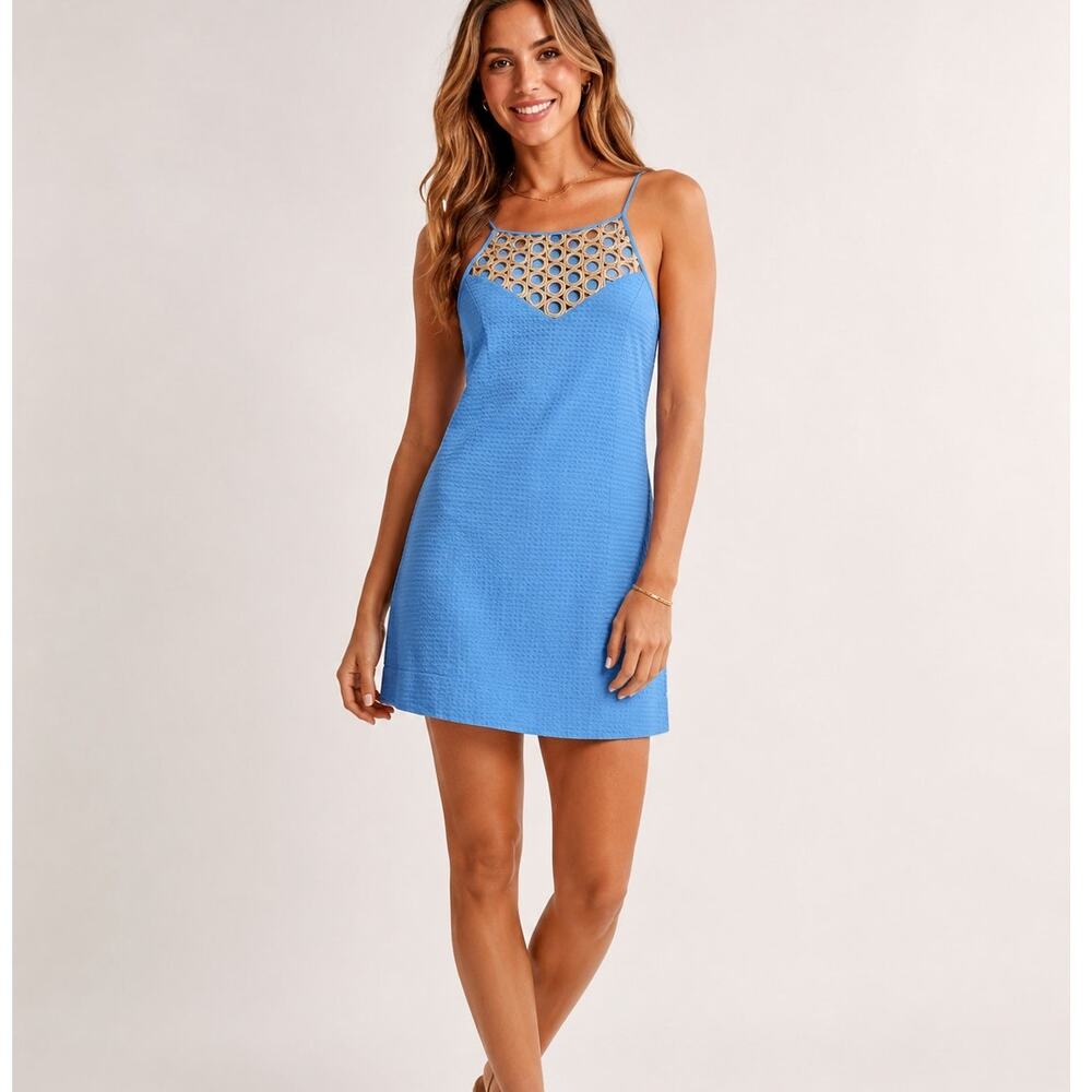 Lilly Pulitzer Blue Halter Mini Dress Gold Cut Out Accent Womens 2 Crochet Beach